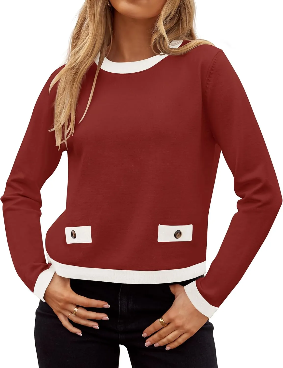 ZESICA Women's Fall Sweaters 2025 Long Sleeve Crewneck Knit Color Block Lightweight Pullover Tops Clothes